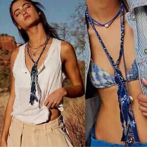 Free People Ayu Strand Necklace in Indigo Bandanna Navy NWT Western Bohemian